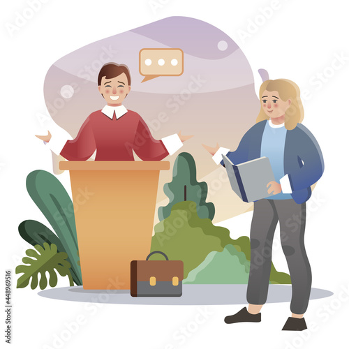 Rhetoric. Isolated flat style colored illustration. School lessons. Speaker at tribune.