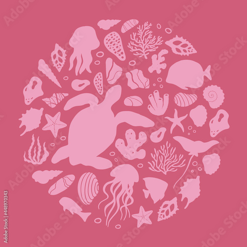 Abstract illustration of summer time concept. Underwater set of silhouettes. .Marine life  shells  seaweed. Flat vector illustration of round shape.