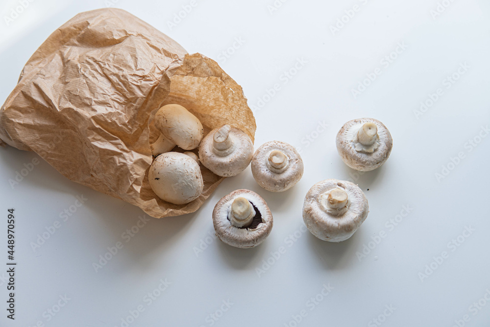 Some wild mushroom on a bowl and in a brown paper bag over a white background