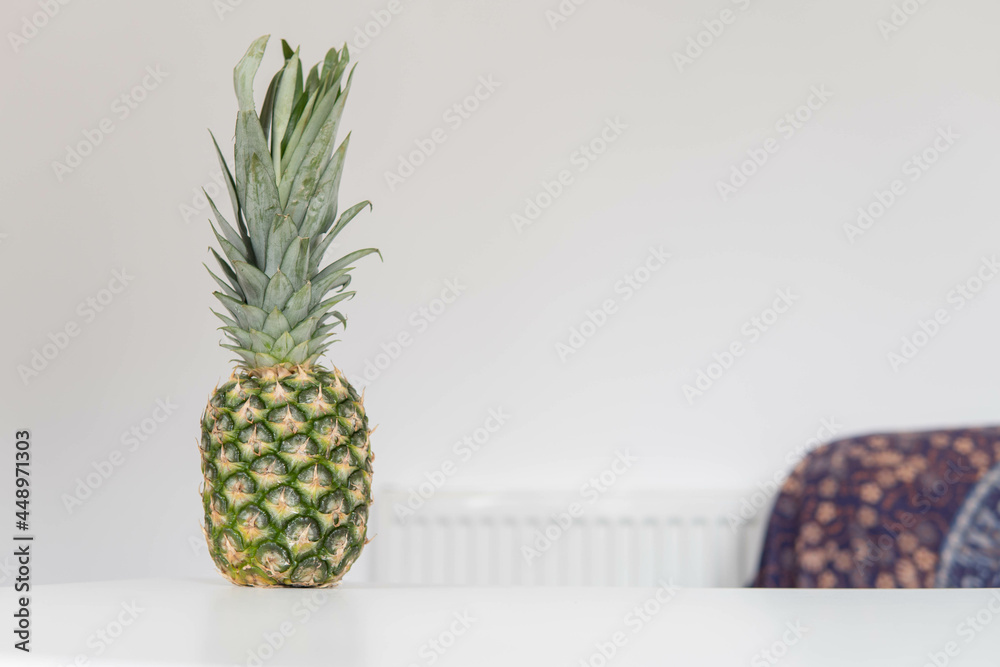 Fresh ripe pineapple fruit, pineapple fruit slices isolated. Juicy fruit design elements composition with focus stacking, white background. Tasty raw whole tropical fruit, healthy nutrition concept