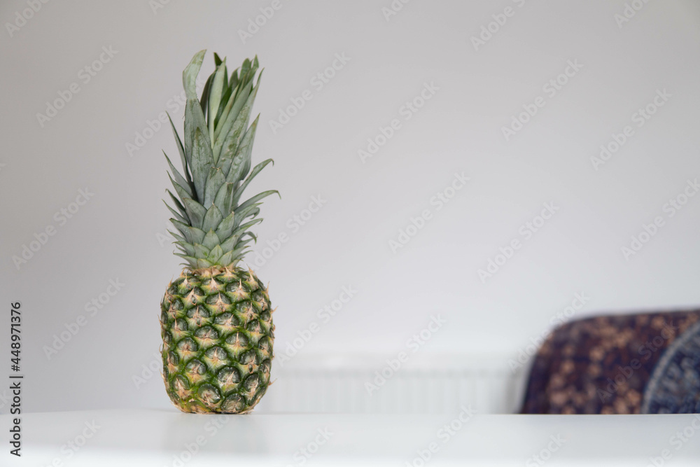 Fresh ripe pineapple fruit, pineapple fruit slices isolated. Juicy fruit design elements composition with focus stacking, white background. Tasty raw whole tropical fruit, healthy nutrition concept