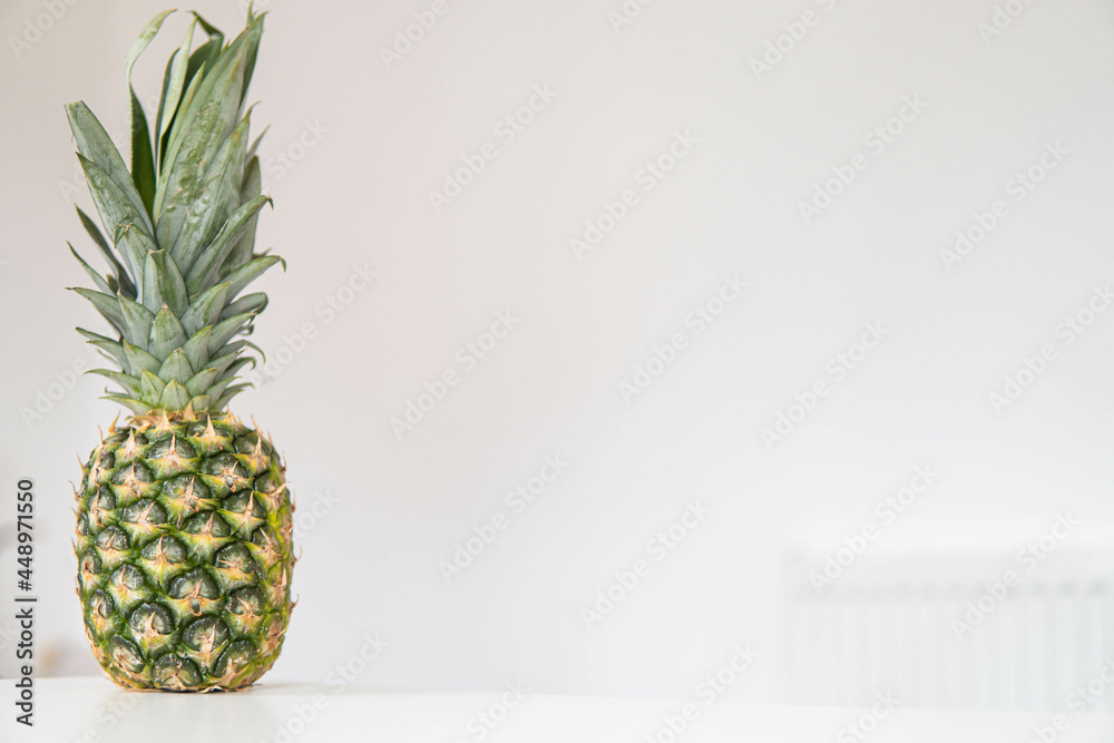 Fresh ripe pineapple fruit, pineapple fruit slices isolated. Juicy fruit design elements composition with focus stacking, white background. Tasty raw whole tropical fruit, healthy nutrition concept