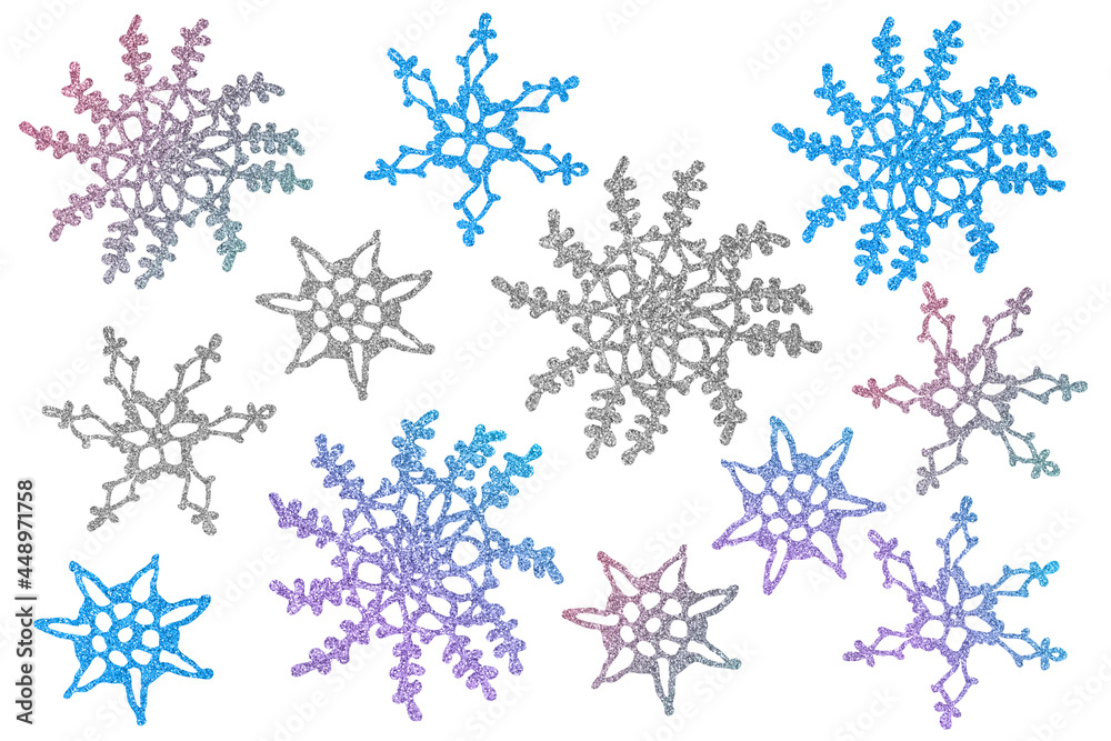 Glitter snowflakes stickers bundle. Winter clip art on white background