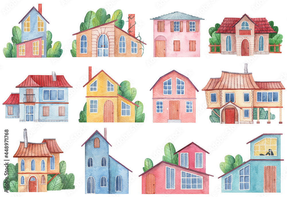 Big collection of cute small cottages. Watercolor hand painted clip art houses isolated on white background. Tiny houses front view facade. Real estate cartoon set