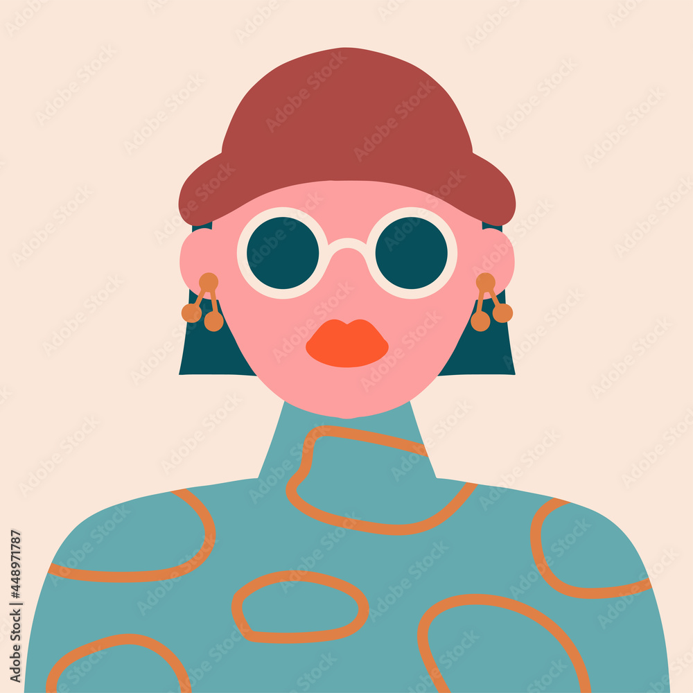 Beautiful portrait of young bold girl with hat and sunglasses modern flat vector illustration