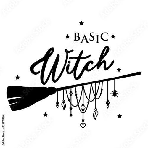 Basic witch Halloween t shirt text design with broom decorated with hanging pendants.