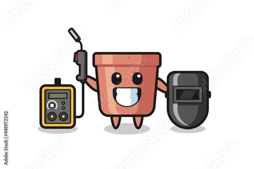 Character mascot of flowerpot as a welder