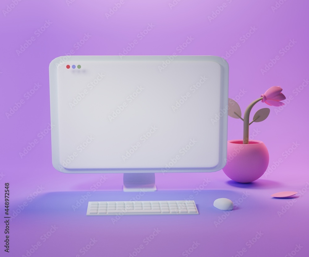 desktop with PC, keyboard and flowerpot. SEO Optimization, web analytics and seo marketing concept. 3d render illustration desktop with PC, keyboard and flowerpot. SEO Optimization, web analytics and seo marketing concept. 3d render illustration