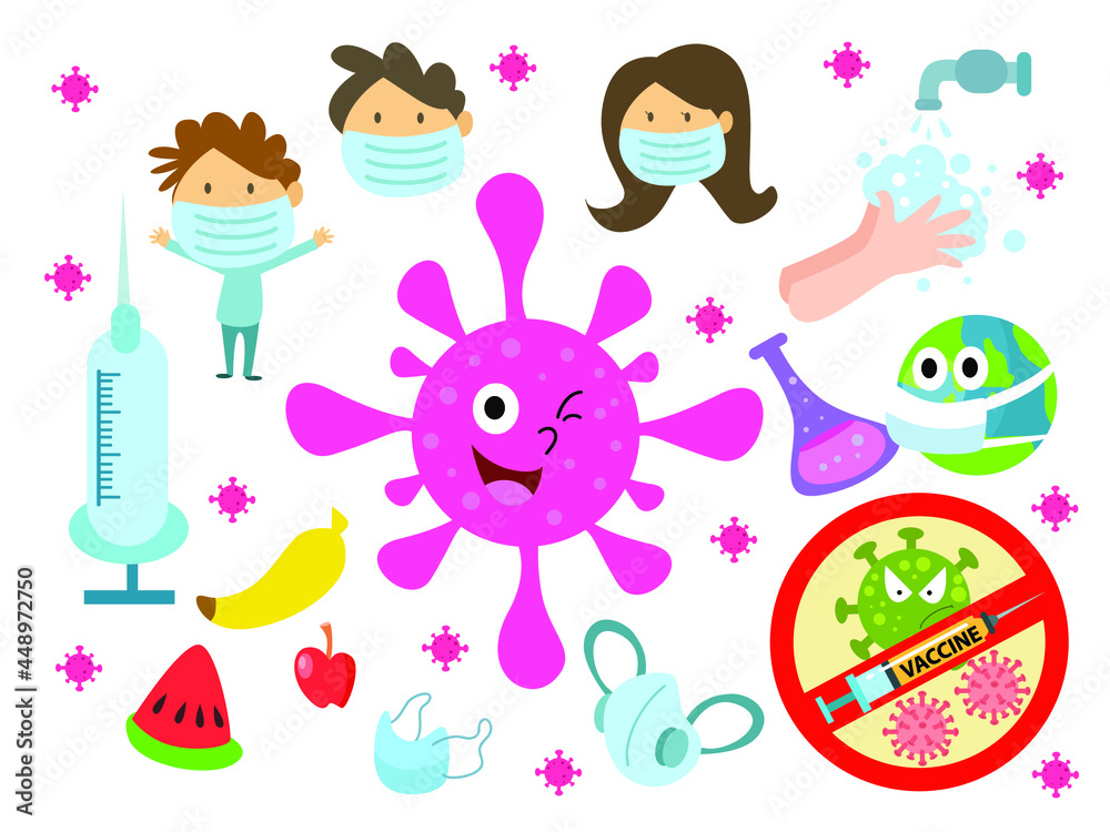 Kids and Coronavirus covid19 hand drawn Doodle cartoon set of objects and symbols
