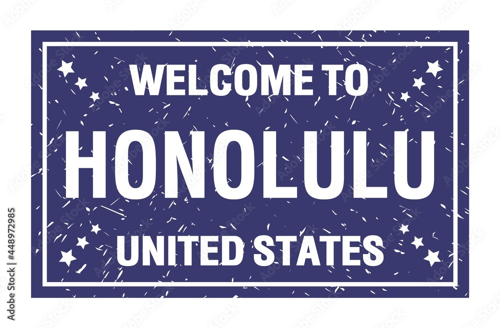 WELCOME TO HONOLULU - UNITED STATES, words written on blue rectangle stamp