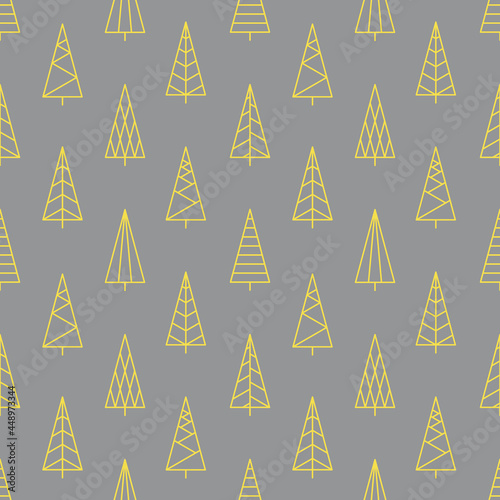Colors of year 2021 illuminating yellow and ultimate gray Christmas pattern. Christmas trees polka dot seamless pattern. Geometric design for web and print on textile, fabric, paper