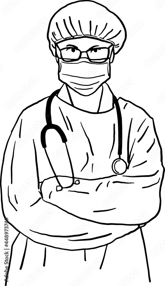 Surgery Doctor with face mask Healthcare medical occupation Hand drawn line art Illustration