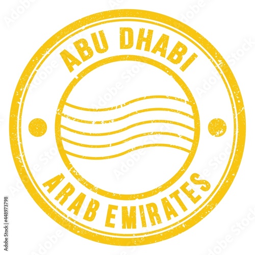 ABU DHABI - ARAB EMIRATES, words written on yellow postal stamp