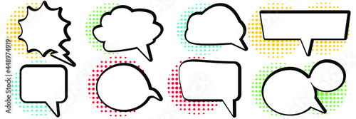 A set of comic bubbles and elements with colored halftone shadows