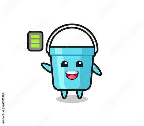 plastic bucket mascot character with energetic gesture