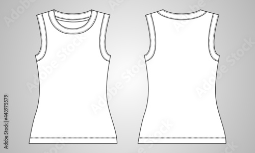 Relax fit tank top overall technical fashion sketch Flat template for ladies. Vector illustration with wide scoop neckline, sleeveless. Flat outwear apparel template mock up front and back view. 