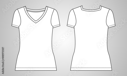 V neck Regular fit shorts sleeve stylish shirt for ladies. Overall technical fashion flat sketch vector template front and back view. Apparel t shirt Flat drawing vector mock up.