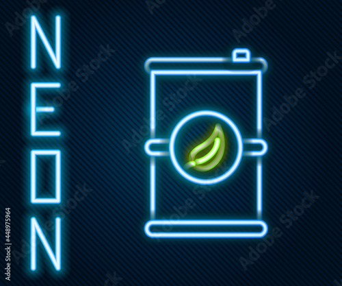 Glowing neon line Bio fuel barrel icon isolated on black background. Eco bio and canister. Green environment and recycle. Colorful outline concept. Vector Illustration