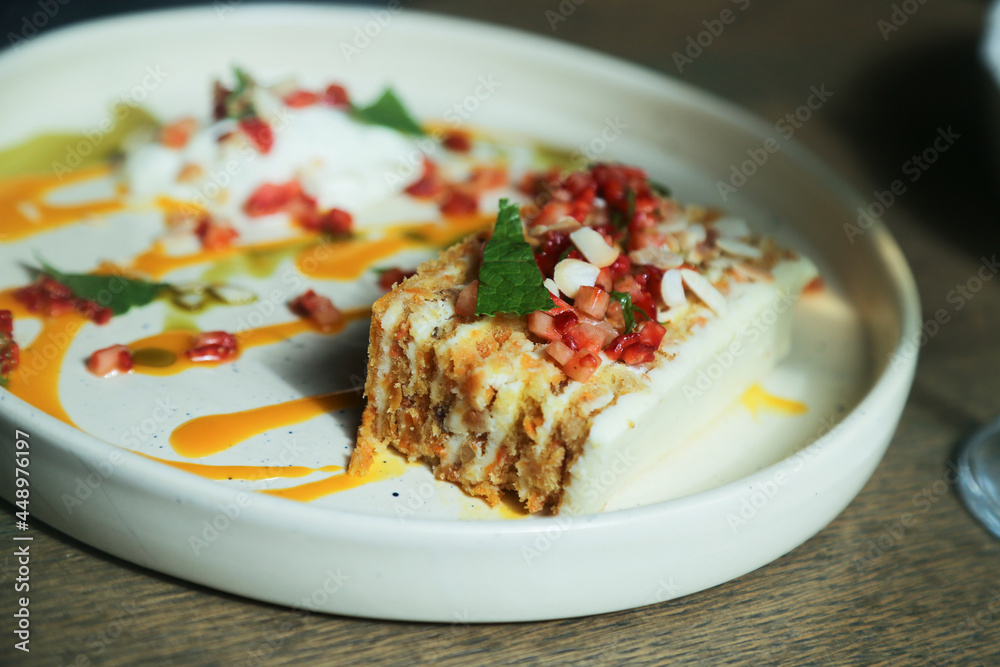Traditional Russian honey cake with strawberry and almond Traditional Russian honey cake with strawberry and almond