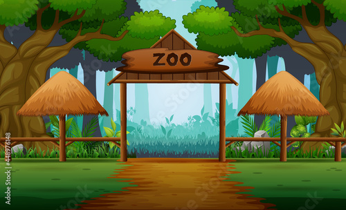 Scene with zoo entrance in forest background