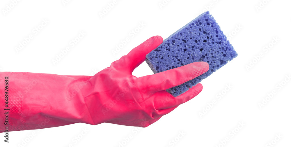 Hand holding sponge for washing, isolated on a white background photo