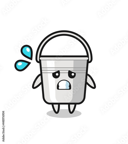 metal bucket mascot character with afraid gesture