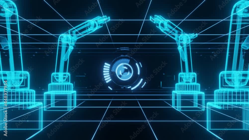 technology Industrial 4.0 concept animation Robotic arm and hud hologram 3D rendering