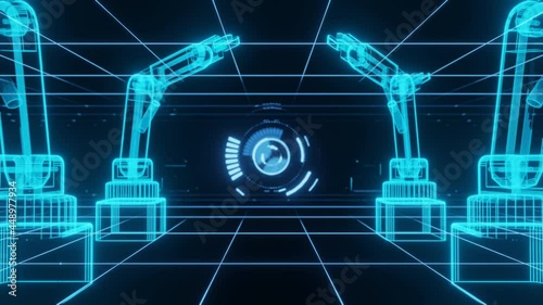 technology Industrial 4.0 concept animation Robotic arm and hud hologram 3D rendering