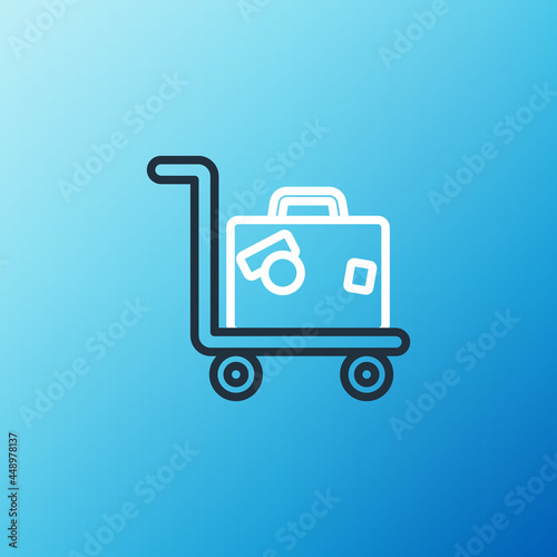 Line Hotel luggage cart with suitcase icon isolated on blue background. Traveling baggage sign. Travel luggage icon. Colorful outline concept. Vector