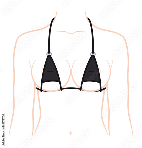 Vector line female torso with black light bikini. Isolated on white background.