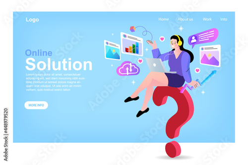 Online solution and customer support concept. A female consultant with a laptop and headset sits on a giant question mark, offering answers and solving problems. Vector for a business help desk.