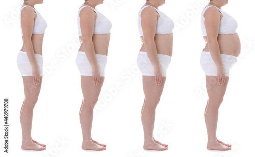 Collage with photos of woman getting fat on white background. Unhealthy diet