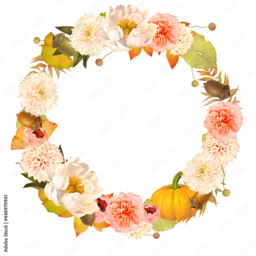 かぼちゃとどんぐりと花とつぼみがあるレトロな秋の植物白バックリースフレームイラスト素材 Stock Illustration Adobe Stock