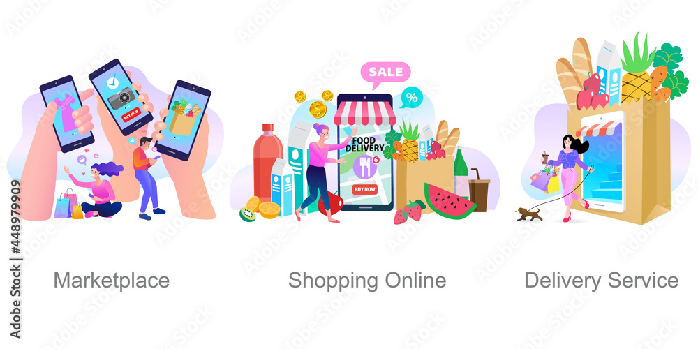 Online shop smartphone app. Mobile based marketplace. Retail business cartoon icons set. Digital marketing and advertising. Commerce platform. Buy and sell products, startup launch. vector