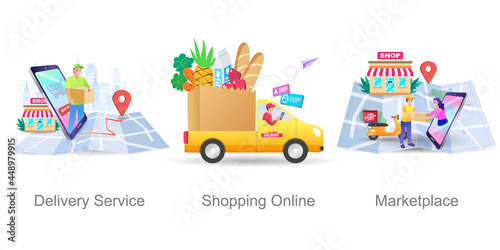 Online shop smartphone app. Mobile based marketplace. Retail business cartoon icons set. Digital marketing and advertising. Commerce platform. Buy and sell products, startup launch. vector
