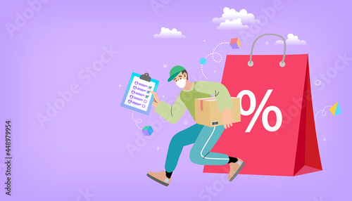 Delivery man with face mask holding box. Safe food delivery at home during coronavirus covid-19 epidemic delivery man holding a bag with fast food, he is wearing a face mask and gloves.