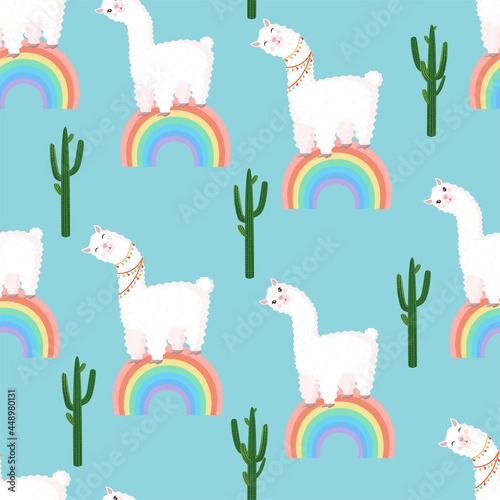 Seamless pattern with llamas on a rainbow with cactus. Vector illustration for baby texture, textile, fabric, poster, greeting card, decor. Cute alpaca from Peru. Textures with animals.