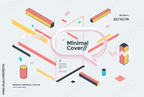 Creative design poster with isometric geometric shapes and 3d elements. Minimal bright backgrounds for flyers, cover, brochure. Vector