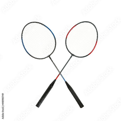 Two badminton rackets on white background. Sports equipment