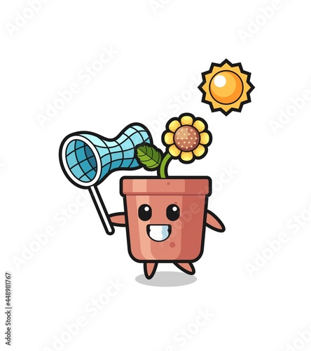 sunflower pot mascot illustration is catching butterfly