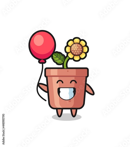 sunflower pot mascot illustration is playing balloon