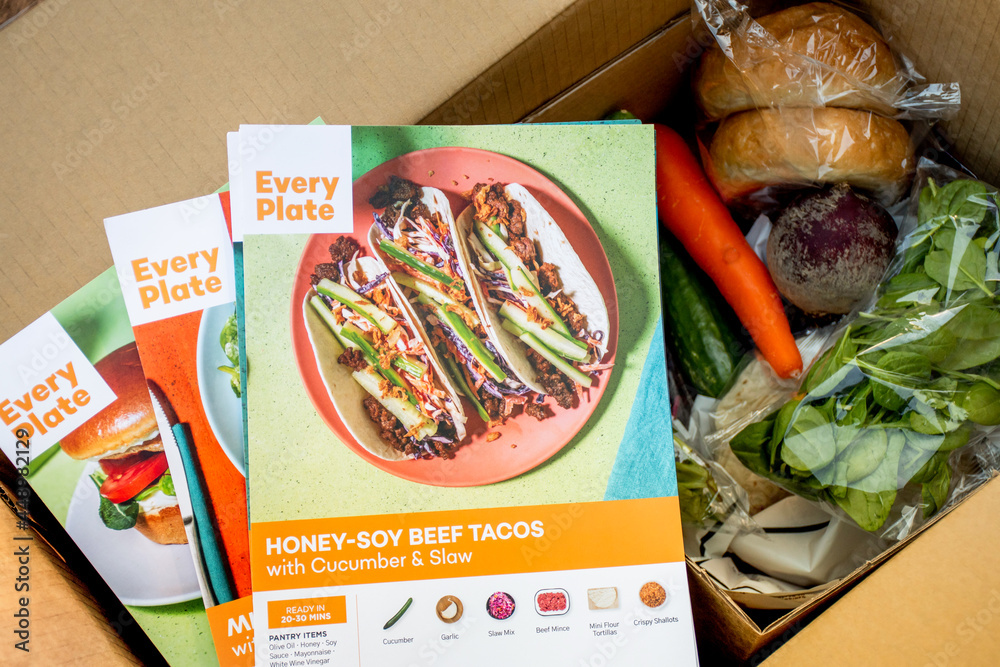Sydney, Australia 20210717 Every plate meal kit in a cardboard box. EveryPlate is actually