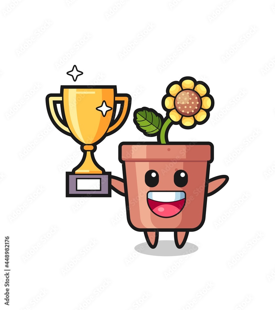 Cartoon Illustration of sunflower pot is happy holding up the golden trophy