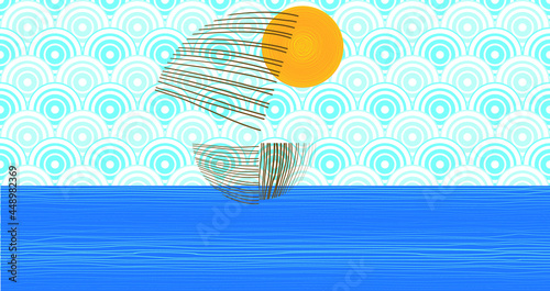 Boat, ocean and sun . Sunset Logo Element. Minimal art background . Hand drawn lines . Vector Illustration. 