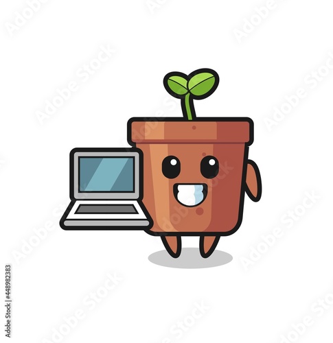 Mascot Illustration of plant pot with a laptop