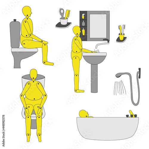 Bathroom with toilet, shower, mirror and sink and accessories. Vector illustration. Isolated. the mannequin bathes in the bathroom, sits on the toilet, washes his hands.