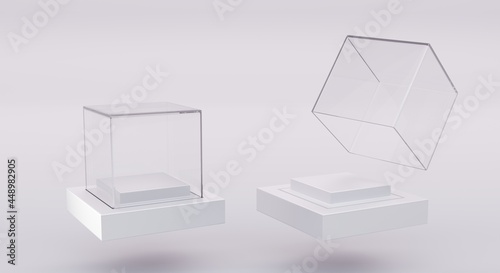 Glass cube box on white stand and open clear square showcase on empty plastic podium, angle view. Realistic mockup acrylic or plexiglass block for exhibit, isolated on grey background, 3d illustration
