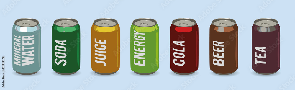Cans with a variety of drinks. Fonts are converted to curves. Cans with a variety of drinks. Fonts are converted to curves.