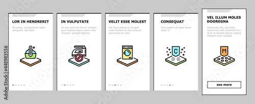 Fabrics Properties Onboarding Mobile App Page Screen Vector. Elastic And Stretched, Warm And Cool, Antibacterial And Breathable Fabrics Properties Illustrations