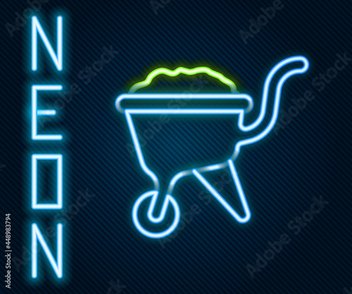 Glowing neon line Wheelbarrow with dirt icon isolated on black background. Tool equipment. Agriculture cart wheel farm. Colorful outline concept. Vector
